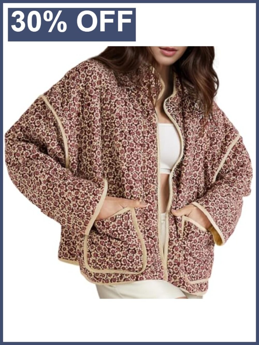 Women's Cropped Quilted Jacket Floral Puffer Lightweight Open Front